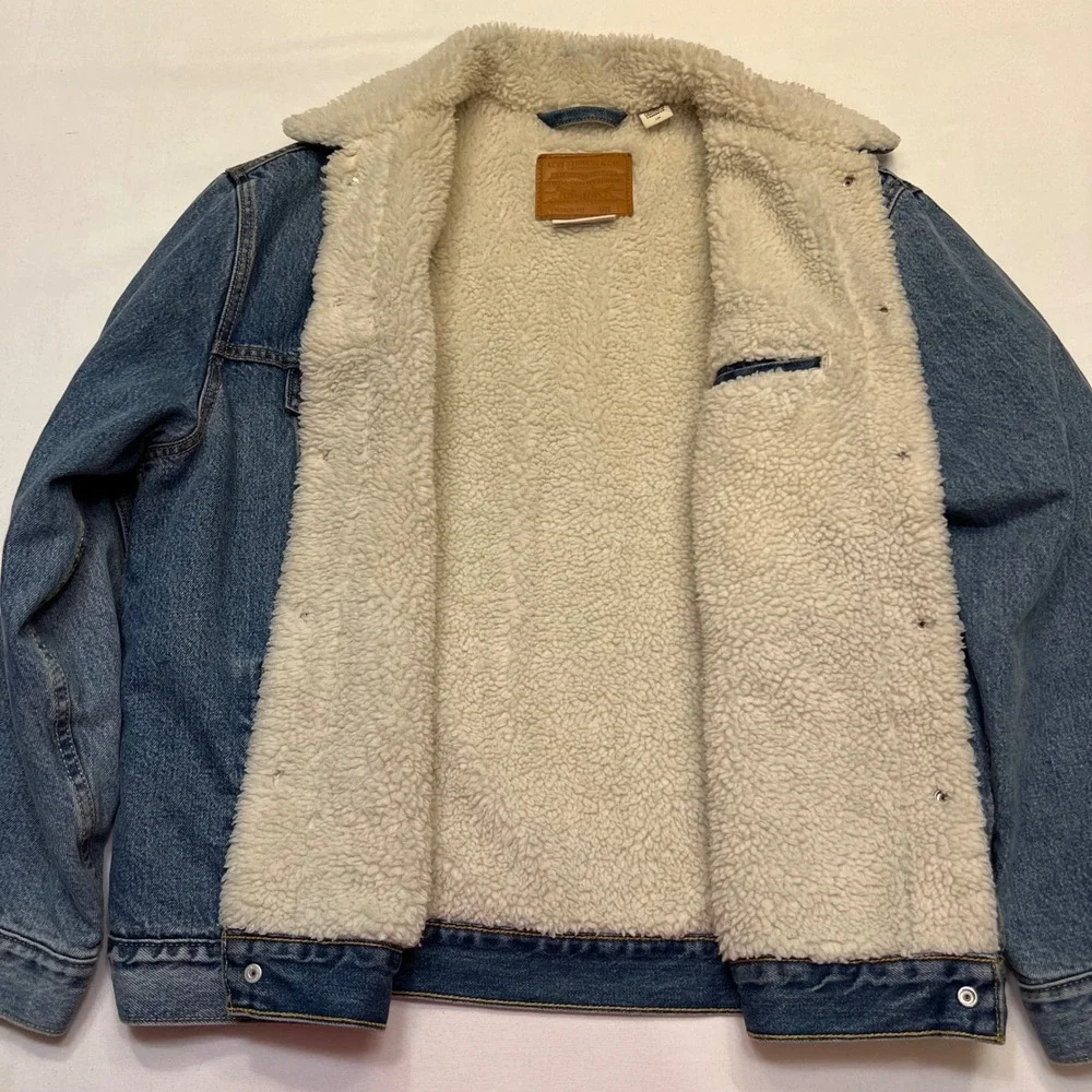 Levis Premium Blue Denim Sherpa Lined‎ Utility Streetwear Trucker Jacket Size L